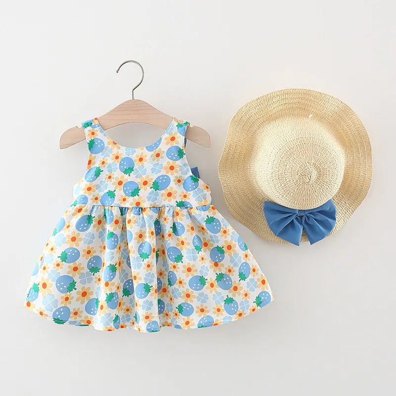 Blue Bow knot Girls Dress with Hat