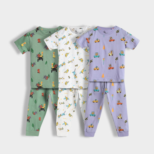 3 Pack Half Sleeves Unisex Co-ord Set | Jungle, Bird & Cars
