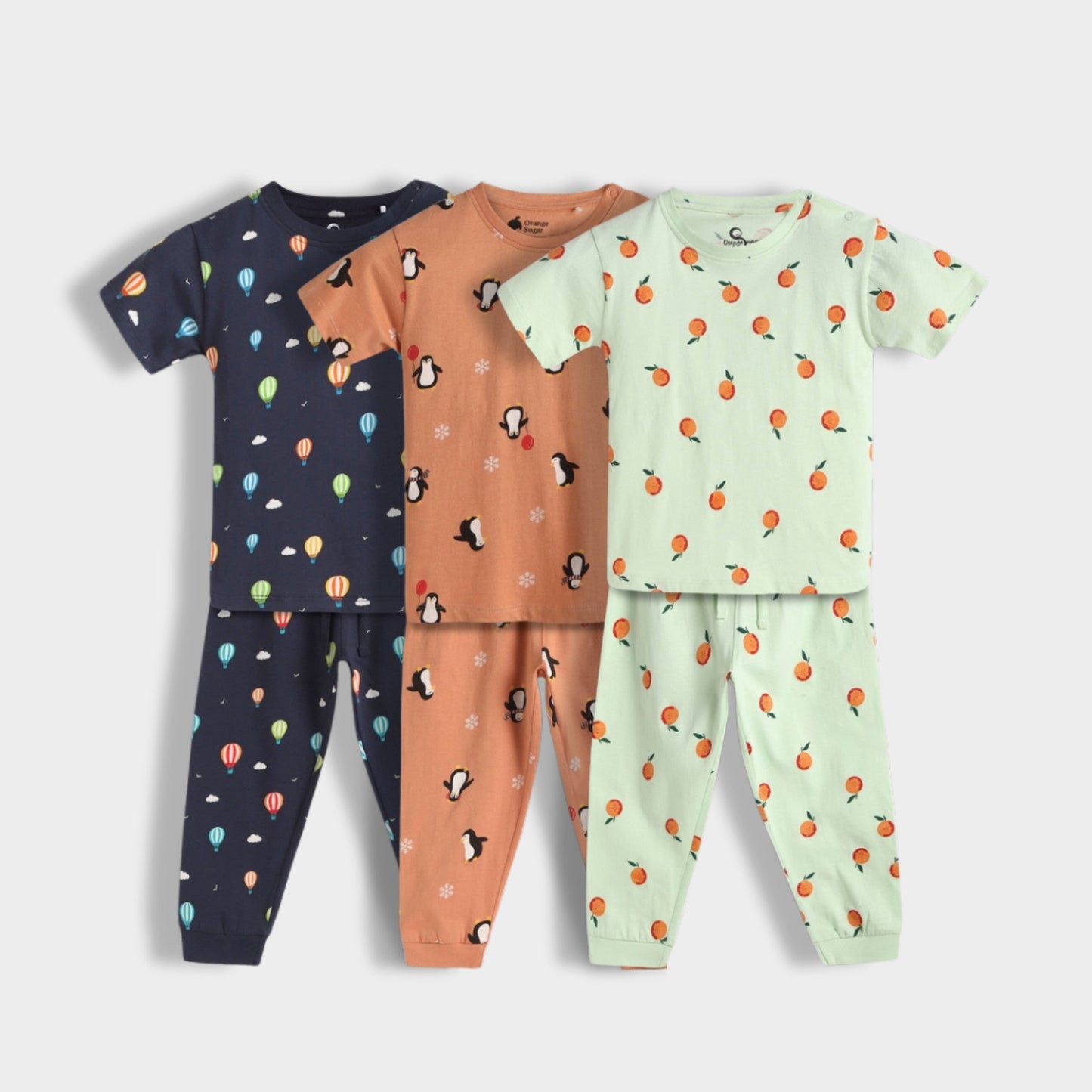 3 Pack Half Sleeves Unisex Co-ord Set | Penguin Chill, Hot Air & Orange Bliss