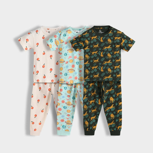 3 Pack Half Sleeves Unisex Co-ord Set | Galaxy, Orange & Cheetah
