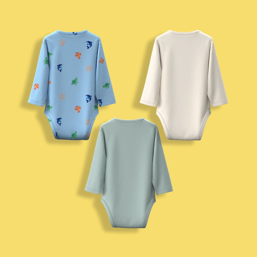 3 Pcs Full Sleeves Bodysuit | Light Green, Off White, Underwater