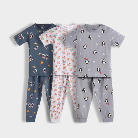 3 Pack Half Sleeves Unisex Co-ord Set | Furry, Space & Penguin