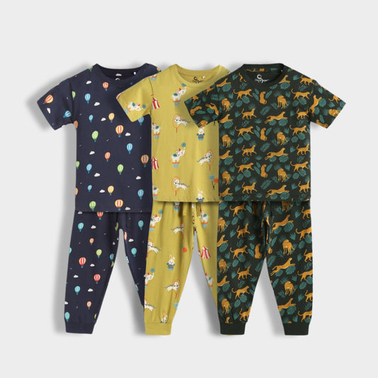 3 Pack Half Sleeves Unisex Co-ord Set | Cheetah, Hot Air & Circus