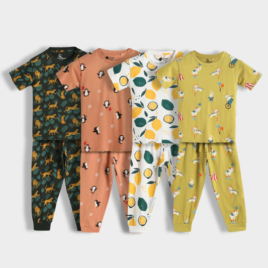 4 Pack Half Sleeves Unisex Co-ord Set | Circus, Lemon, Penguin Chill & Cheetah