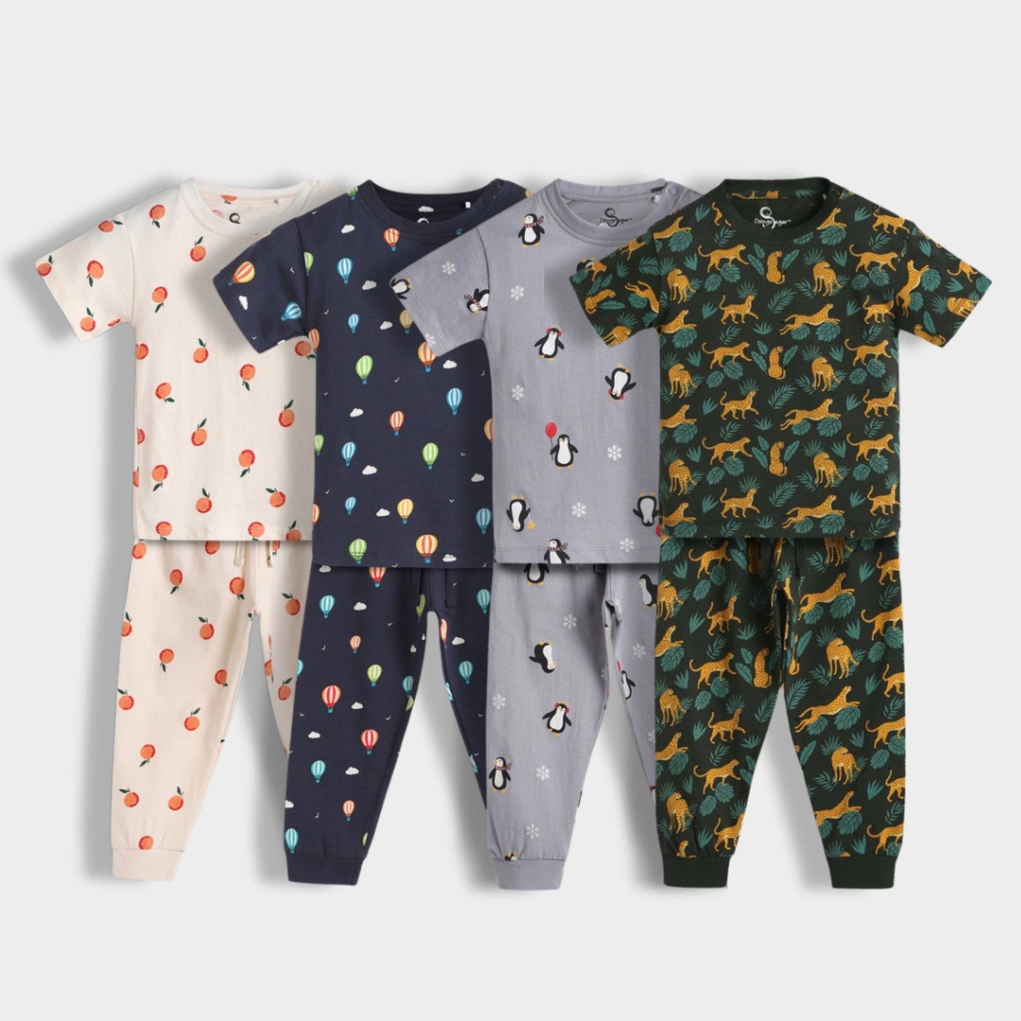 4 Pack Half Sleeves Unisex Co-ord Set | Cheetah, Hot Air, Oranges & Penguin