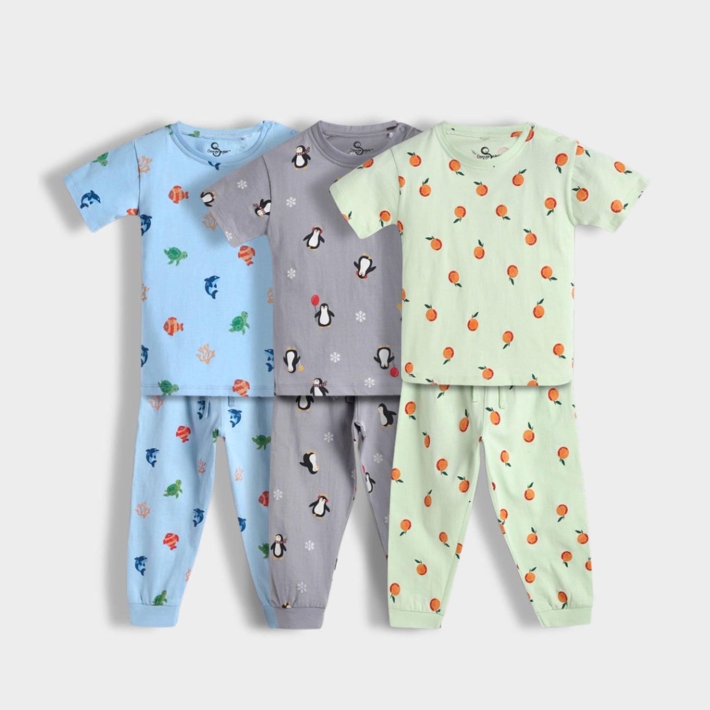 3 Pack Half Sleeves Unisex Co-ord Set | Orange Bliss, Underwater & Penguin