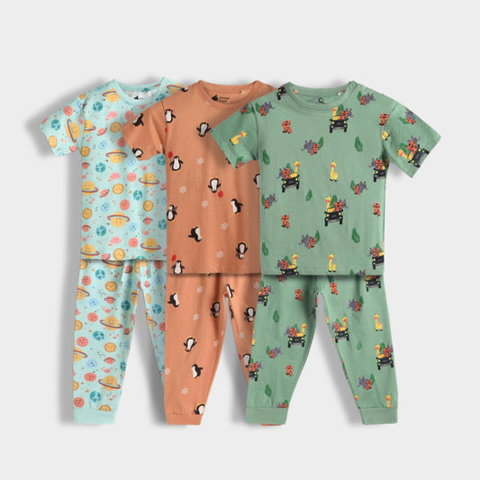 3 Pack Half Sleeves Unisex Co-ord Set | Galaxy, Penguin Chill & Jungle