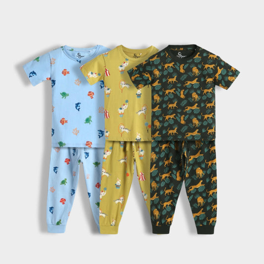 3 Pack Half Sleeves Unisex Co-ord Set | Cheetah, Circus & Underwater