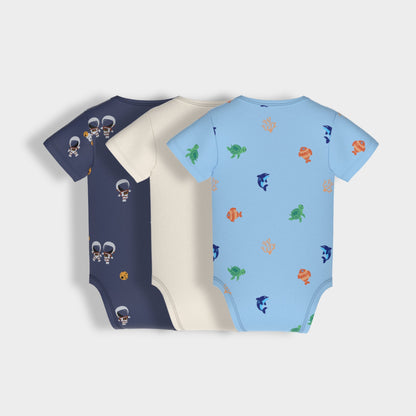 3 Pcs Half Sleeves Bodysuit | Space, Underwater, Off White
