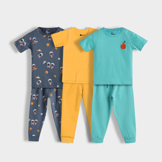 3 Pack Half Sleeves Unisex Co-ord Set | Aqua Orange, Tiger & Space