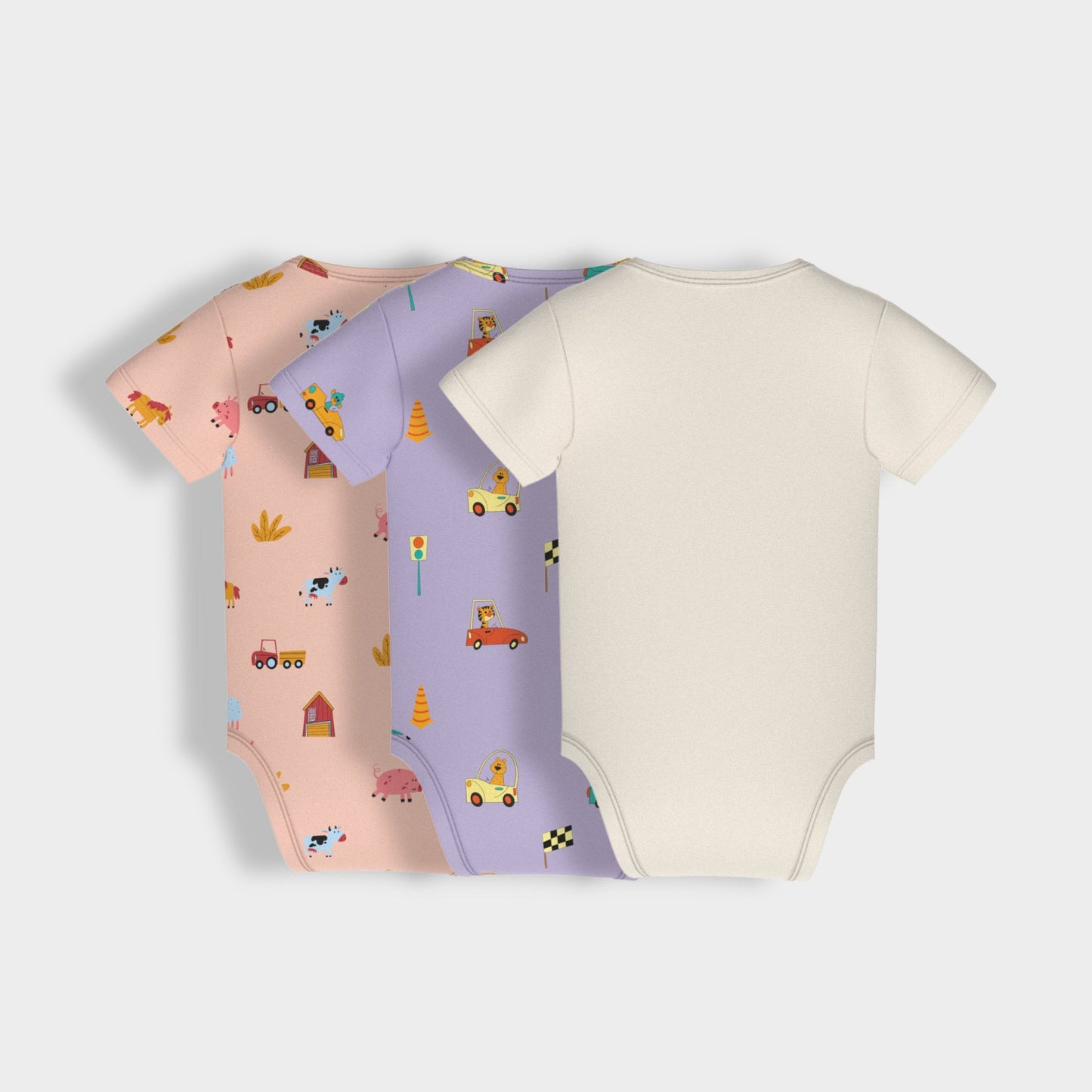 3 Pcs Half Sleeves Bodysuit | Farm, Cars, Off White