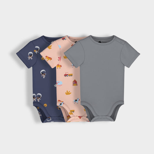 3 Pcs Half Sleeves Bodysuit | Space, Farm, Grey