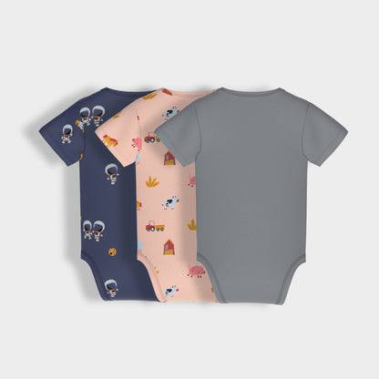 3 Pcs Half Sleeves Bodysuit | Space, Farm, Grey