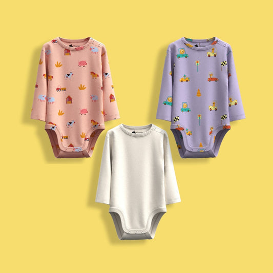 3 Pcs Full Sleeves Bodysuit | Farm, Cars, Off White