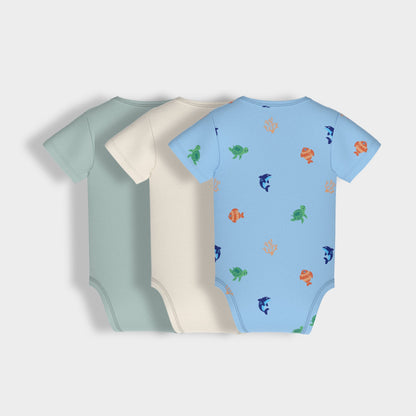 3 Pcs Half Sleeves Bodysuit | Light Green, Off White, Underwater