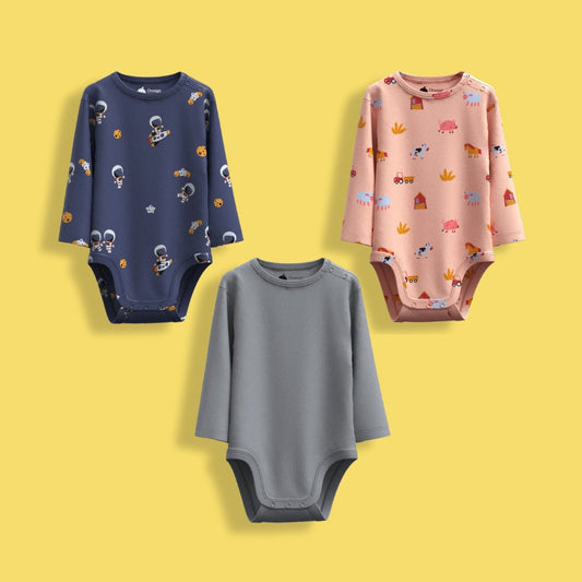 3 Pcs Full Sleeves Bodysuit | Space, Farm, Grey