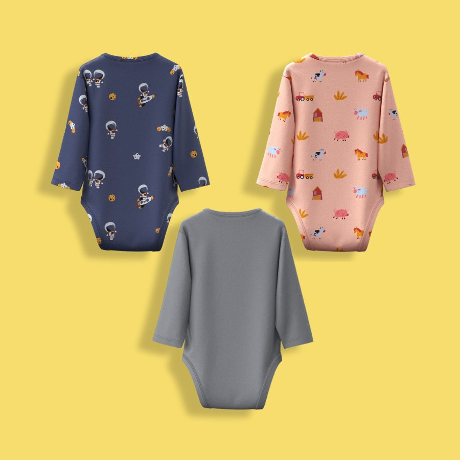 3 Pcs Full Sleeves Bodysuit | Space, Farm, Grey