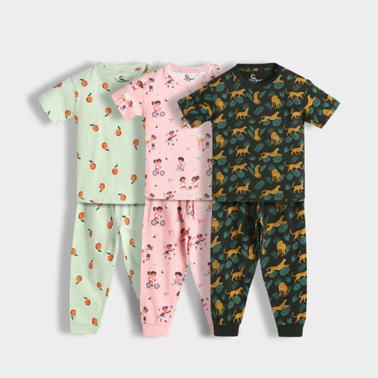 3 Pack Half Sleeves Unisex Co-ord Set | Garden, Orange Bliss & Cheetah