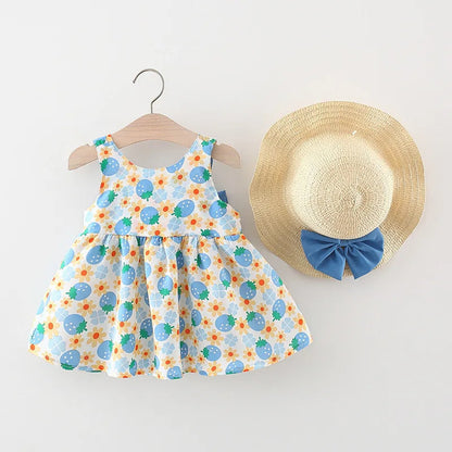 Blue Bow knot Girls Dress with Hat