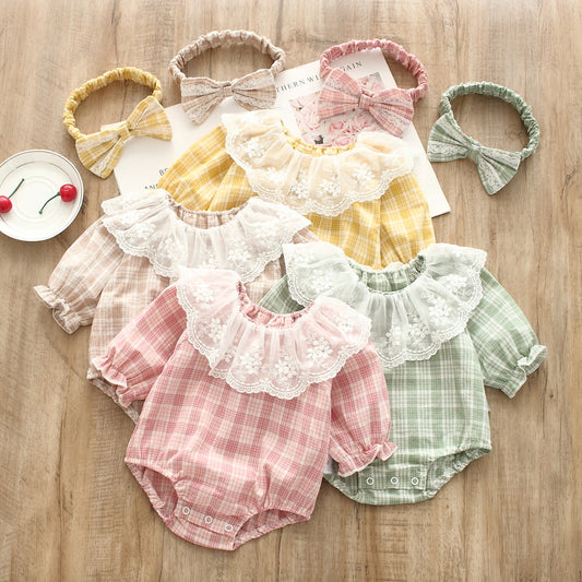 Checkered Frill Baby Girls Romper (with Headband)