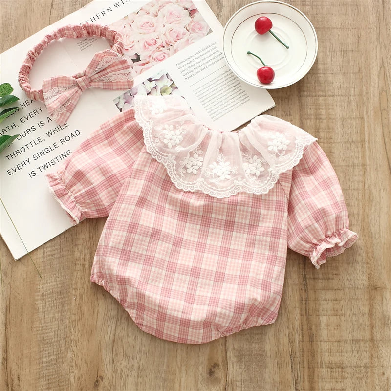 Checkered Frill Baby Girls Romper (with Headband)