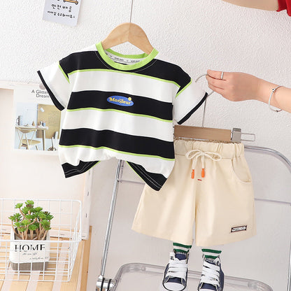 Contrast Green Neck T-shirt and Shorts Boys Set by Ju Ju Jam
