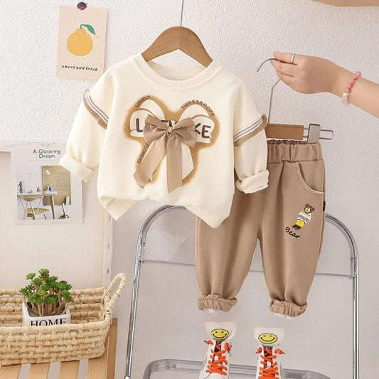 Bow Printed  Girls Sweatshirt & Pants Set