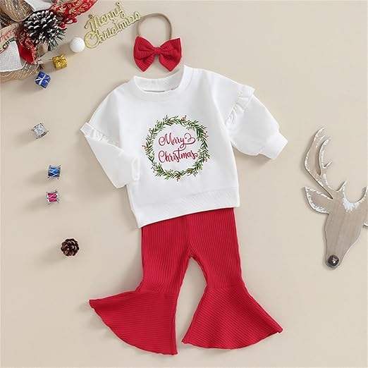 Baby Girls Merry Christmas Top with Bell Bottom Set
