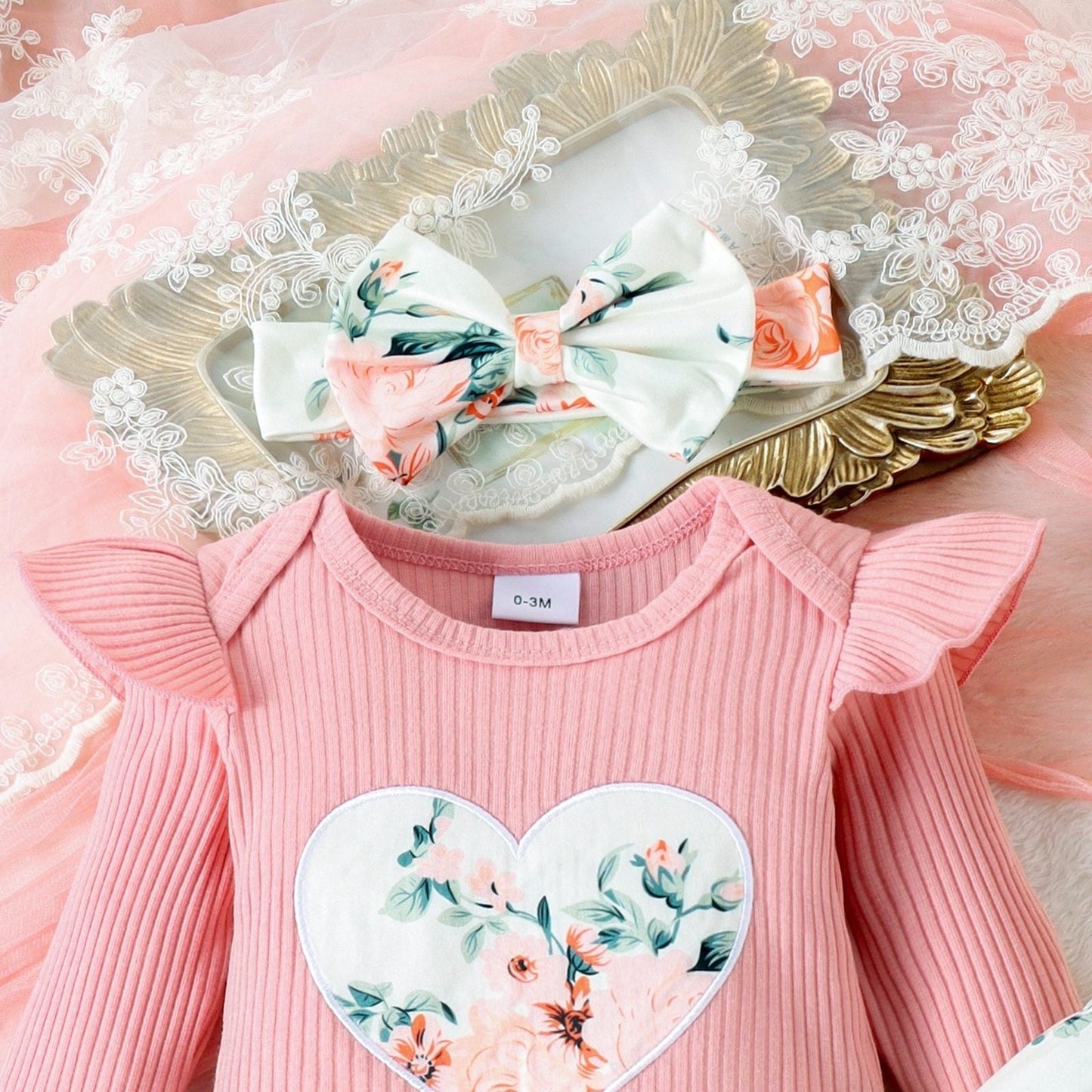 Amelia Heart Girls Romper Set with Headband